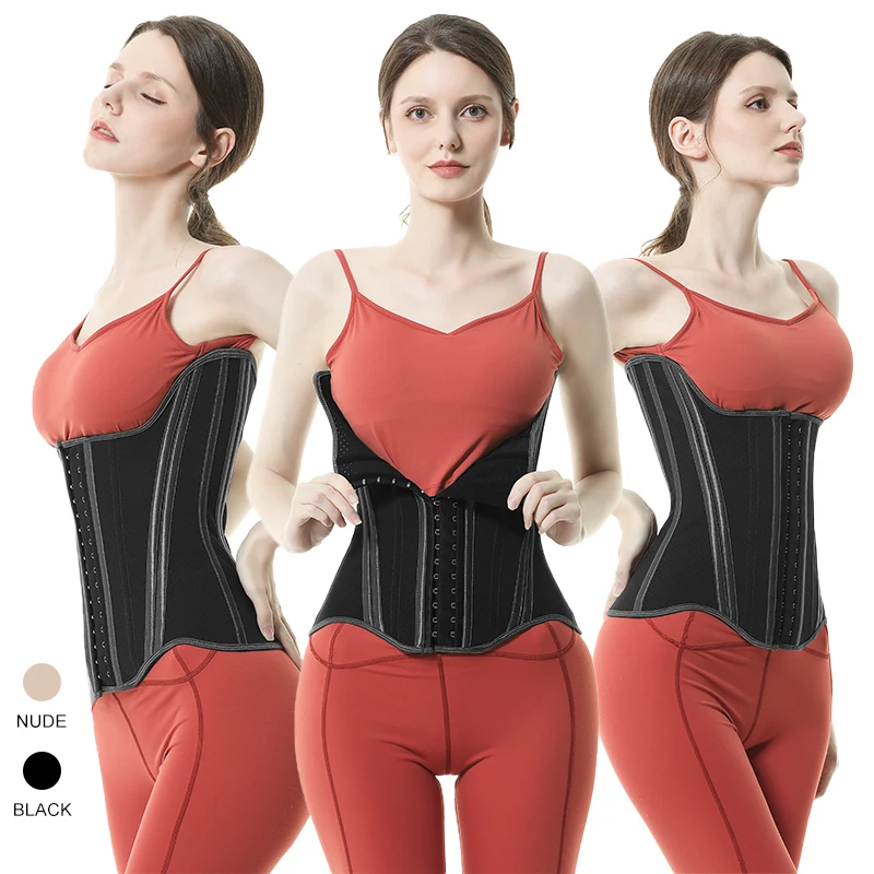LANGQIN 100% latex Three Layers 19 Steel Bones Underbust Waist Corsets Cincher Black 3 Hooks Latex Breathable Waist Trainer