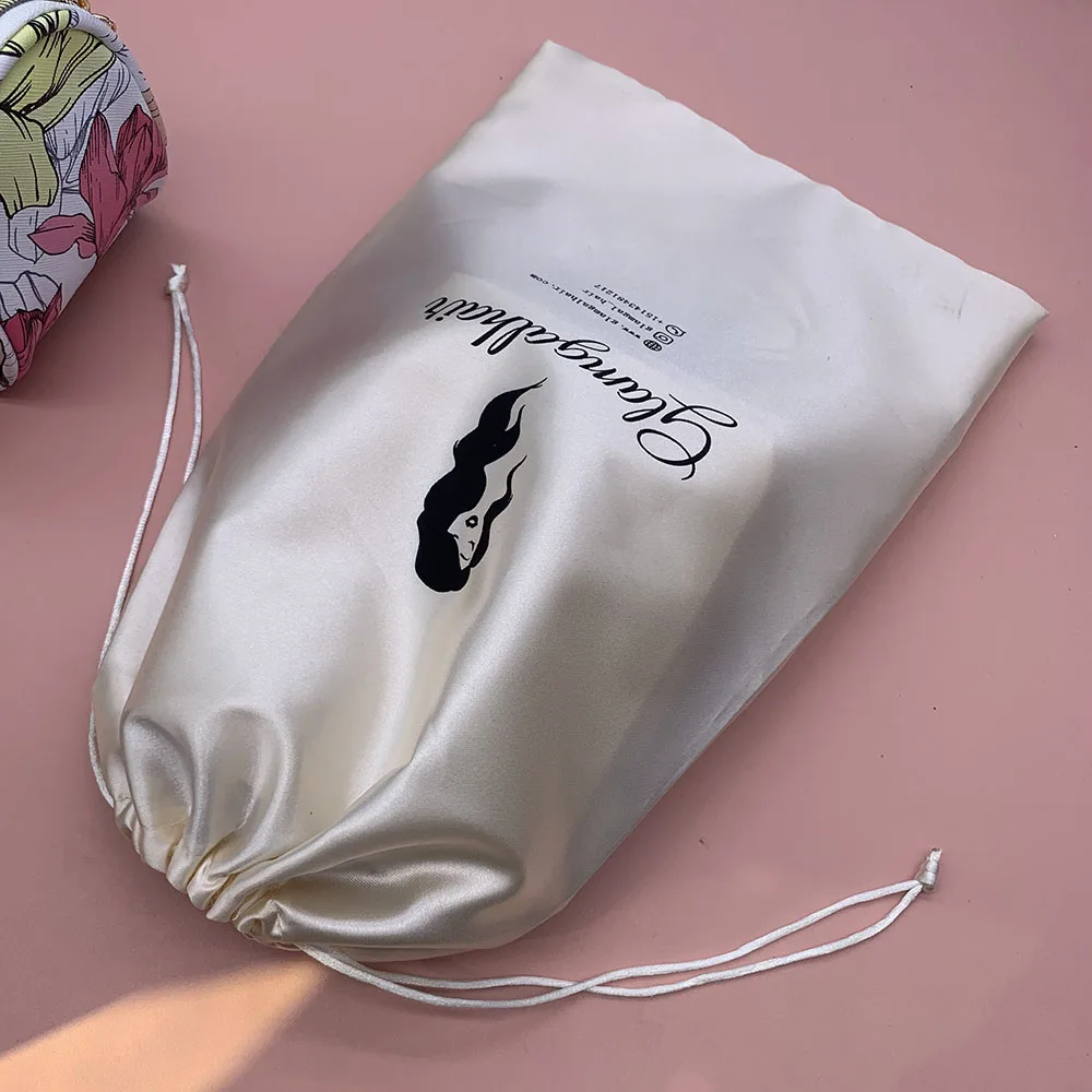 Beige  Custom Size Drawstring Satin Hair Extension Packaging Bags with Tassels