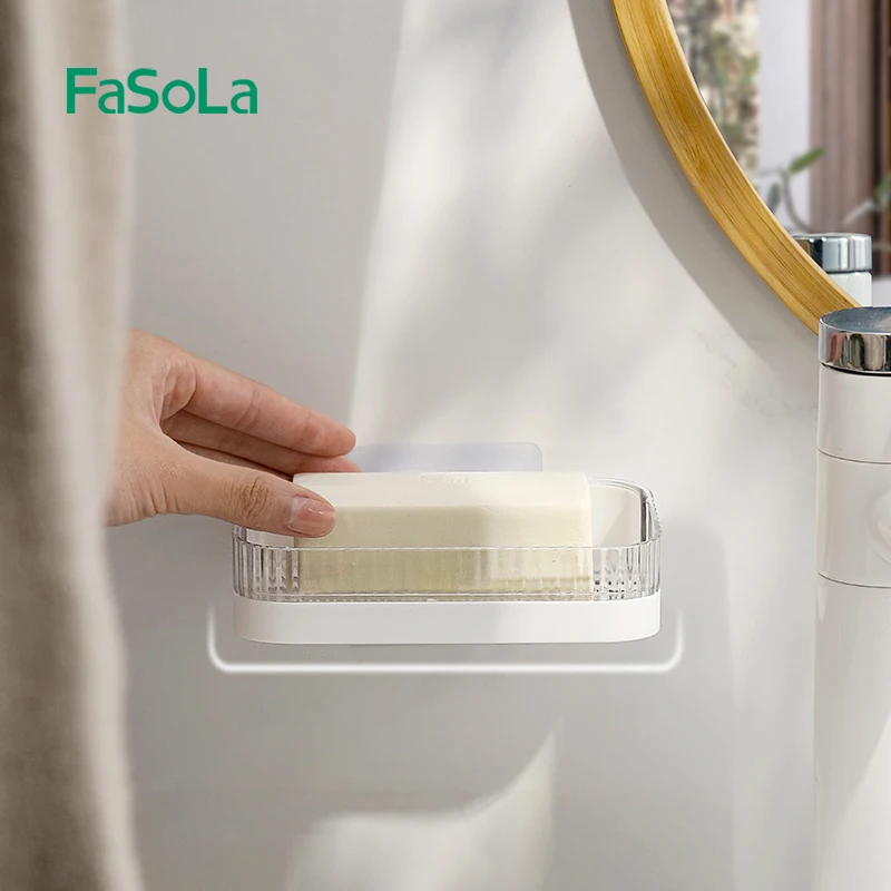 FaSoLa Plastic Wall Mounted Soap Dish Holder Soap Saver Dish Soap Tray Dispenser Bathroom Kitchen Sink Organizer