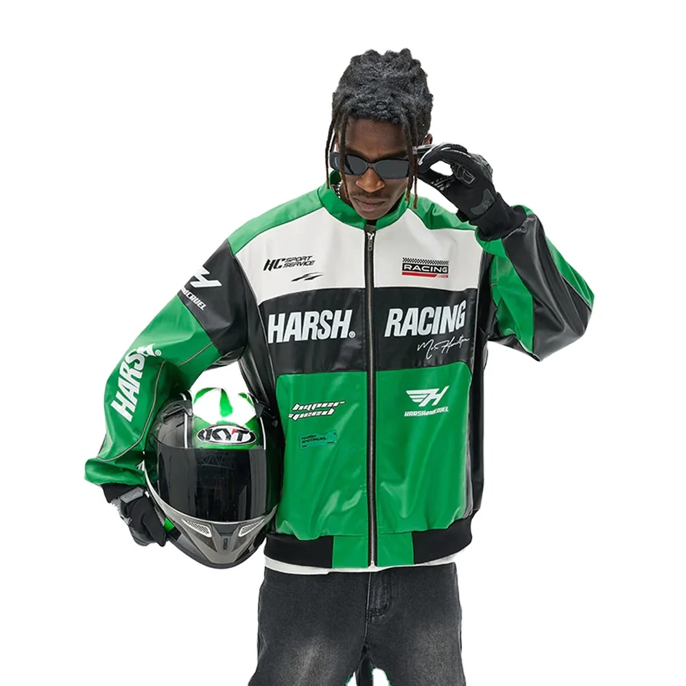 OEM Customized LOGO Men Motorcycles and Text Applique Embroidered Stand Collar Patch Design Zipper Up Speed Racer Leather Jacket