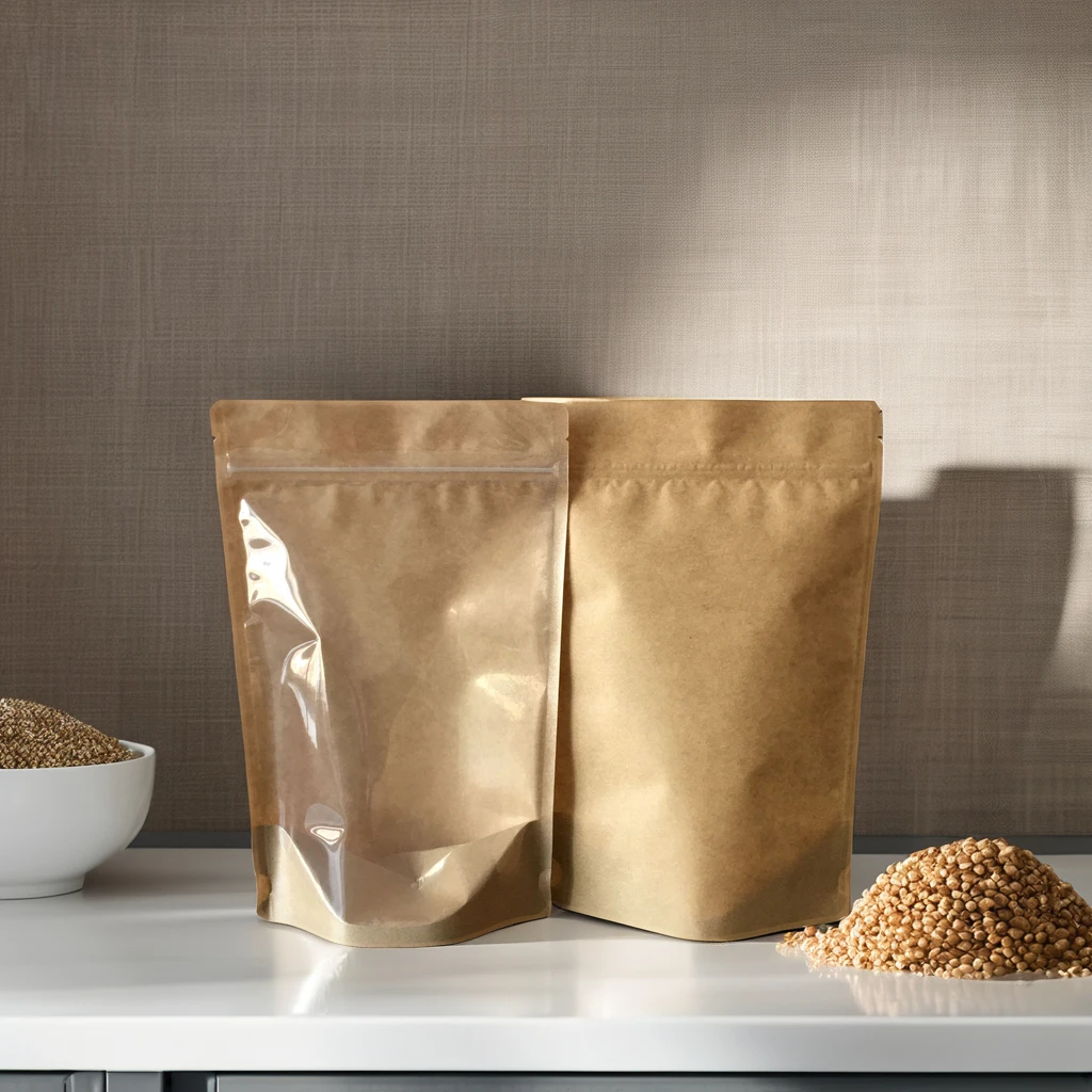 Customizable Brown Kraft Paper Stand Pouch Recyclable Aluminized Film Sealed Zipper Bag Reusable for Tea Milk Sushi Packaging