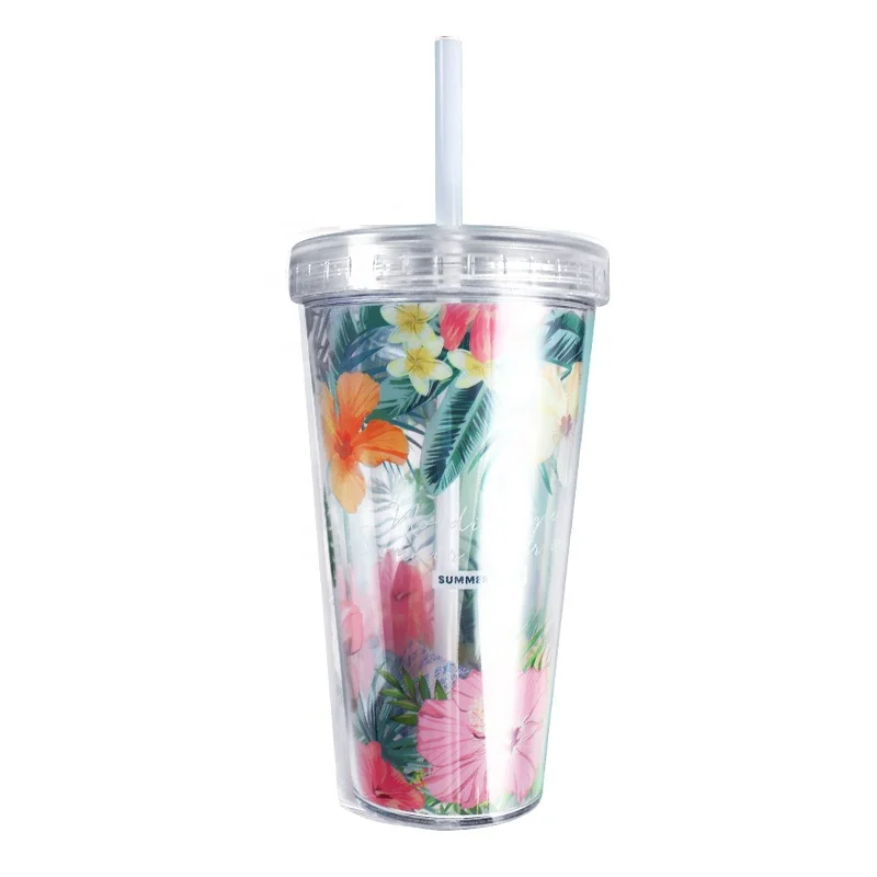 
Girlwill Flower Reusable Double Wall Plastic Cups With Lids And Straw Bottle Tumbler Wholesale Custom Logo Drink Coffee Mugs 