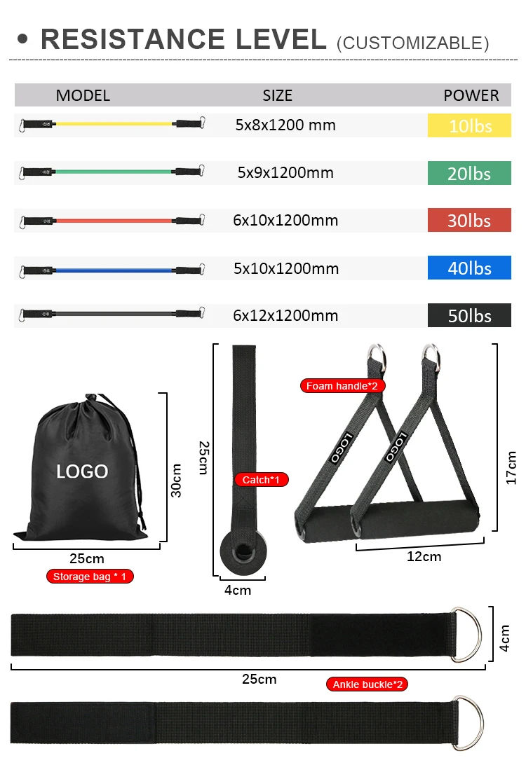 custom logo 11pcs/set 150 lbs Fitness Equipment Tube Band TPE  Pull up bands resistance tube set