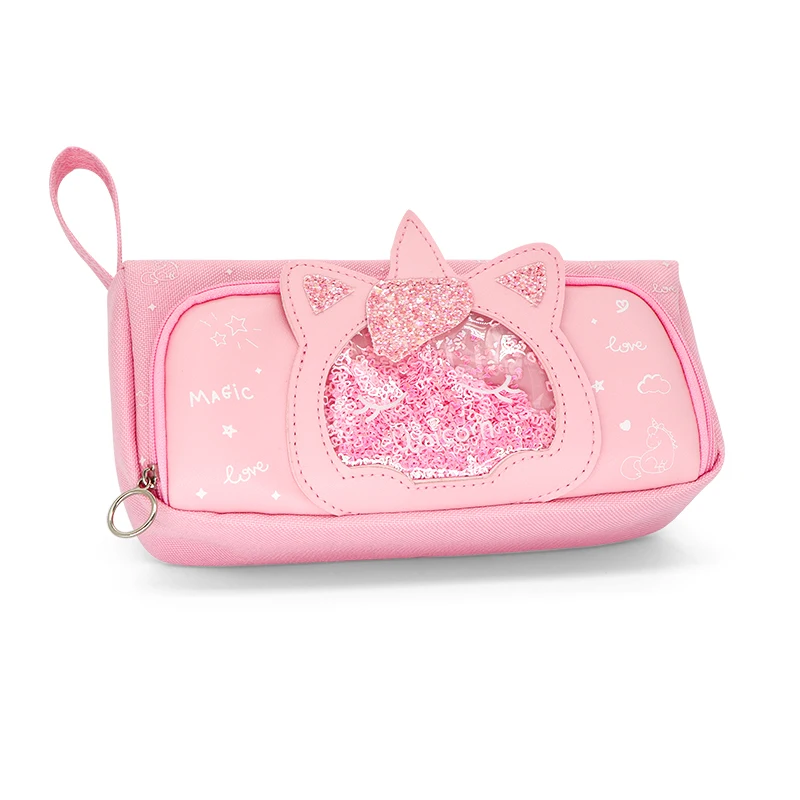 Large-capacity cartoon girl pink stationery storage bag girl pupil transparent window quicksand pencil case