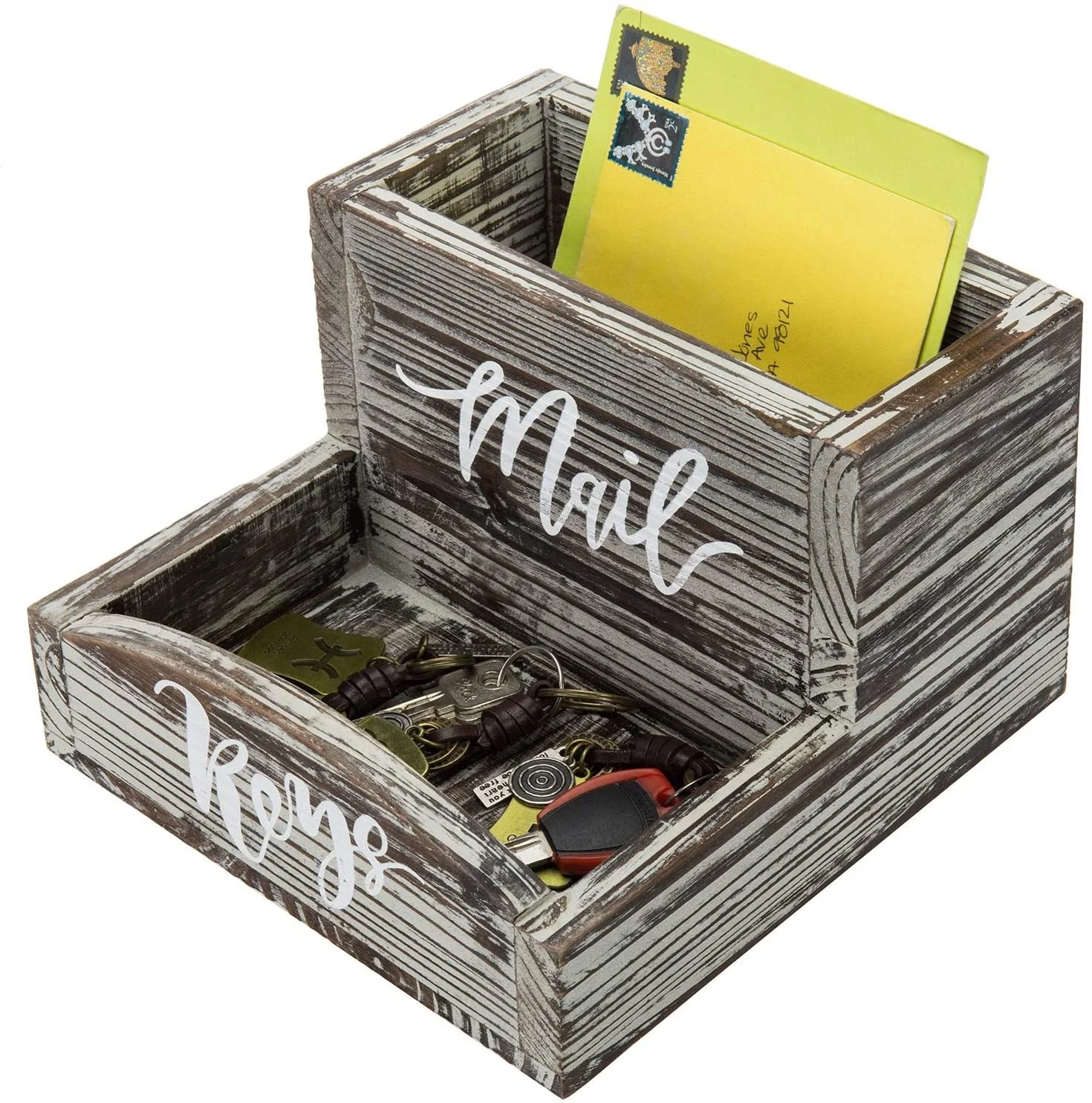 Rustic Torched Wood Tabletop Mail Organizer and Key Holder Storage Tray with Stylish Cursive Font
