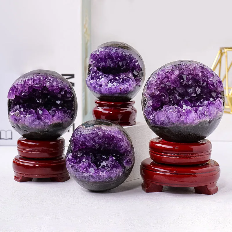 Natural Amethyst Open Smile Ball Druzy Amethyst Laughing Geode Sphere Semiprecious Stone Crafts For Fengshui