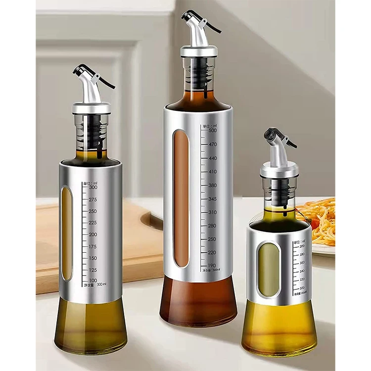 Wholesale BBQ Glass Oil Bottle Stainless Steel Nested Glass Olive Oil Vinegar Bottle Dispenser Set  200ml 300ml 500ml