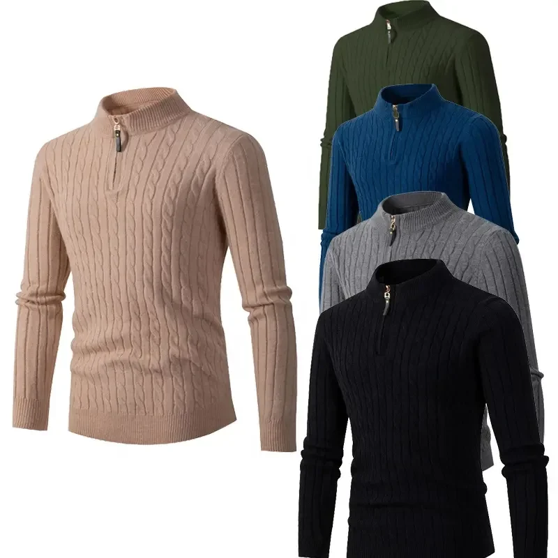 HUIFAN Custom Crochet Men Knitwear Pullover Zip Clothing Solid Color Polo Neck Long Sleeve Twist Cable Knitted Mens Sweater