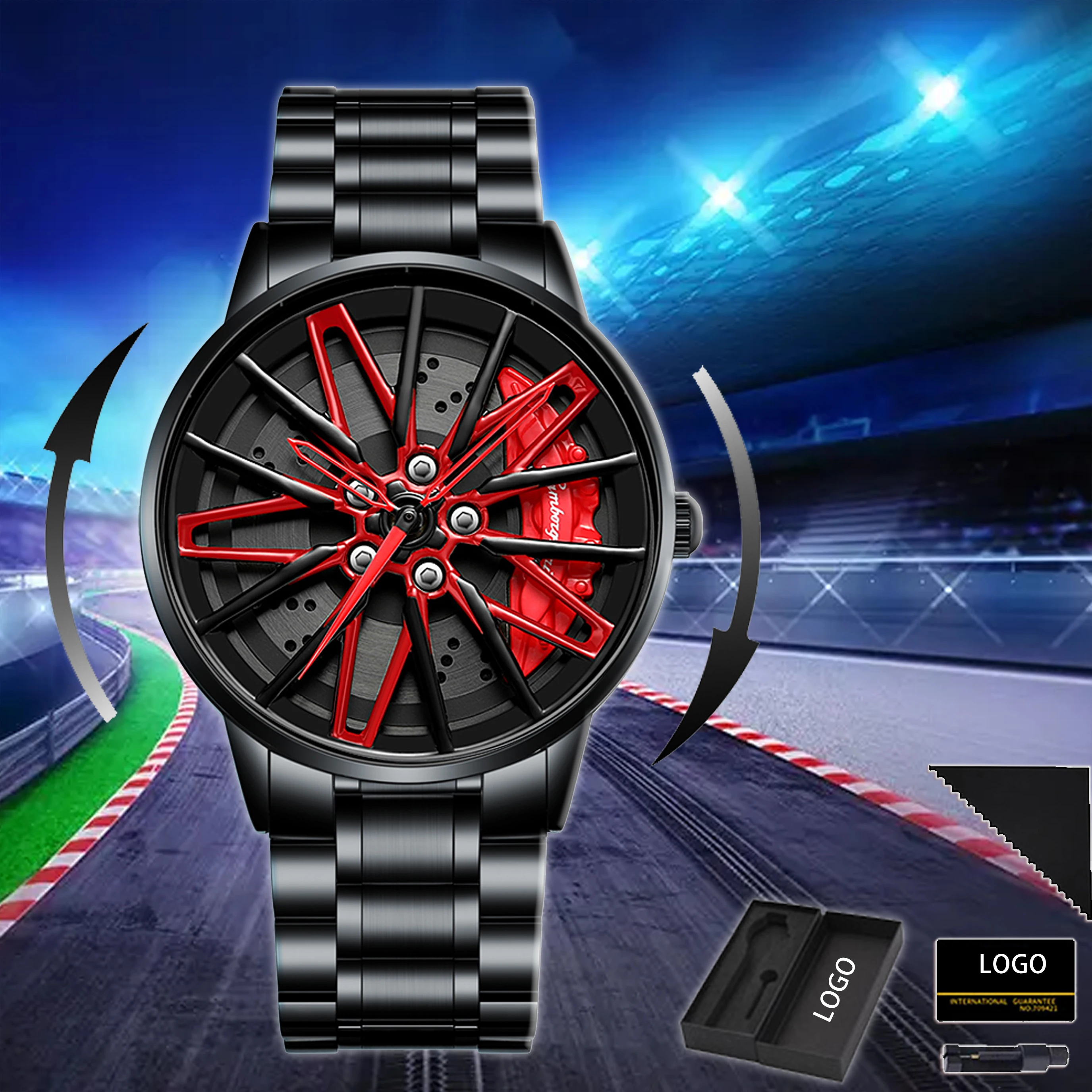 Drop Shipping High Quality Wholesale Waterproof Men Watches Quartz Wrist Sport Gyro Alloy Rotate Rim Spinning Car Wheel Watch