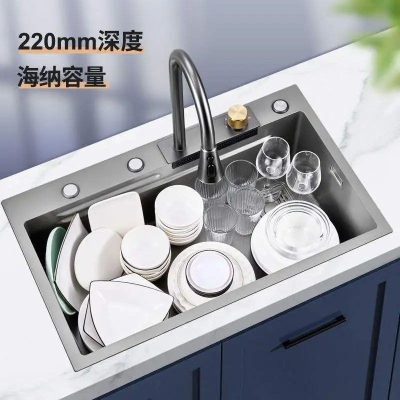 2023 Silver Premium Stainless Steel Sink 3mm Waterfall Faucet Sink Kitchen Cup Washer Large Single Slot