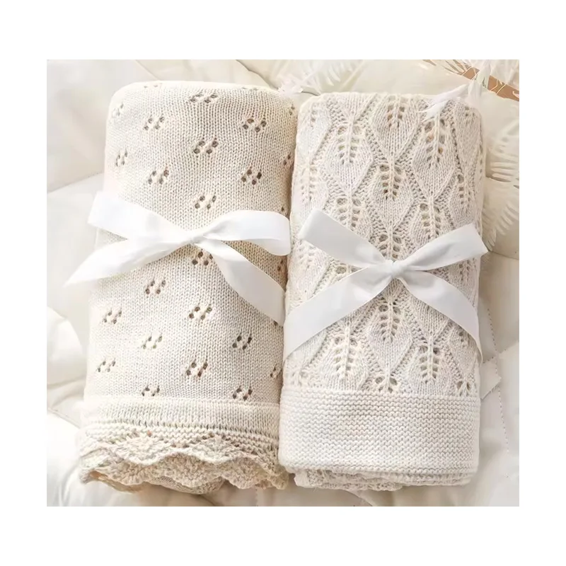 Custom Logo Newborn Baby 100% Cotton Plain Knit Wrap Swaddle Sleeping Blanket Super Soft