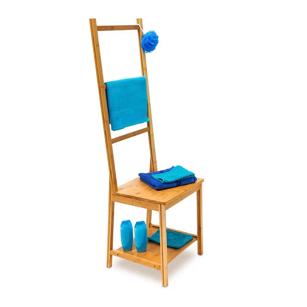 Bamboo Clothes Valet Chair Bathroom Chair with Towel Holders Clothes Stand with 3 Rails,