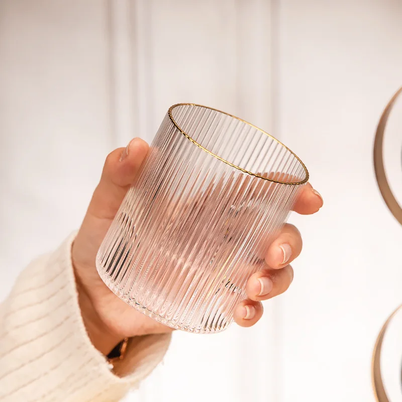 Ribbed Straight Cup Vertical Stripes Heat-resistant Glass Water Glass Whiskey Glass Breakfast Cup with Gold Rim