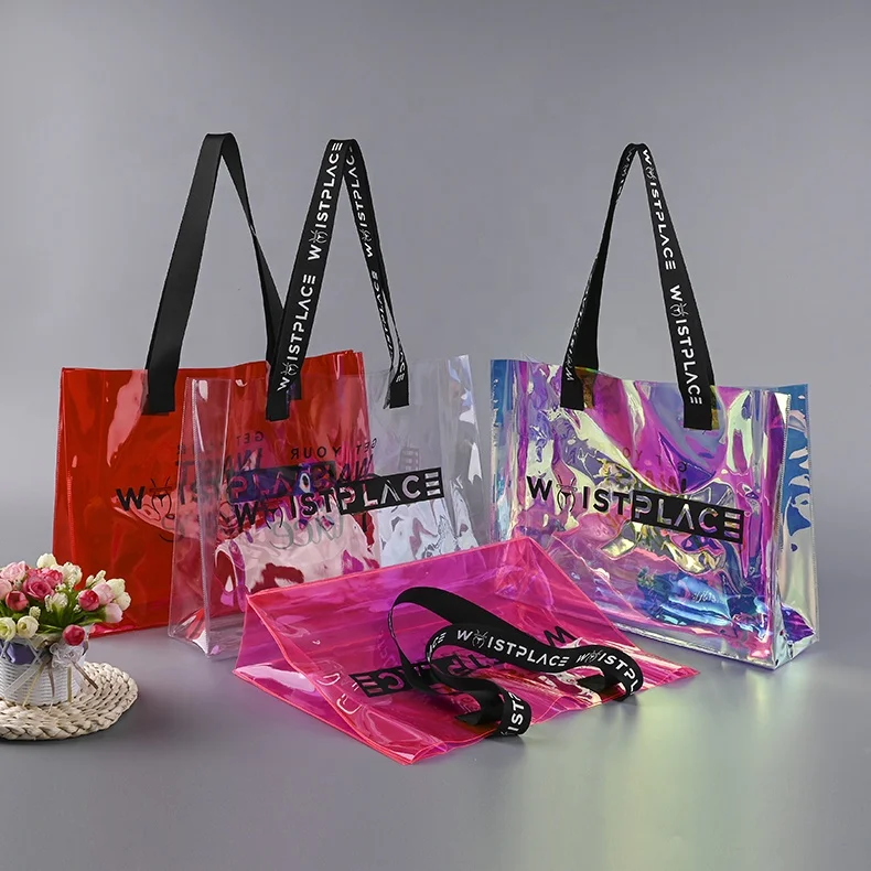 custom wholesale 0.5mm pvc transparent jelly Holographic laser shopping bag large capacity one-shoulder travel Low price logo