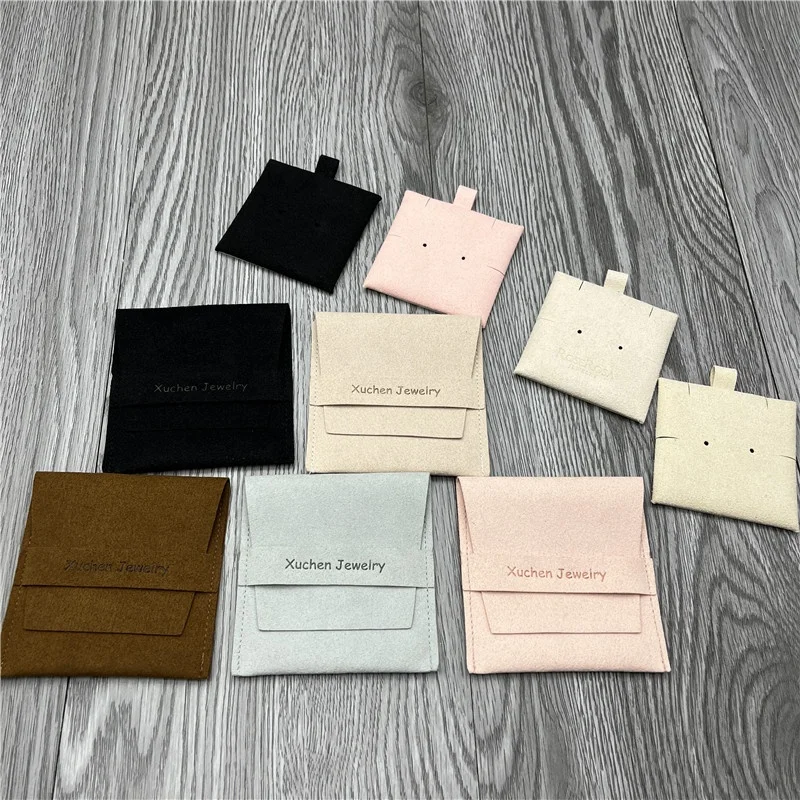Custom Emboss Logo Microfiber Jewelry Flap Pouch Smoky Gray Envelope Suede Earring Necklace Packaging Jewelry Bag