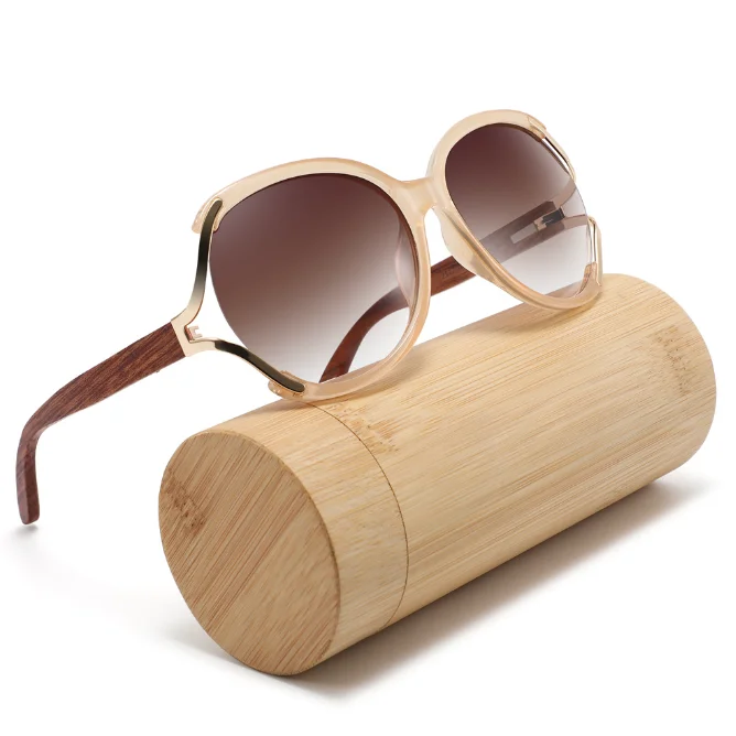 Handmade Wood Sunglasses For Women Fashion Big Eyeglasses Retro PC Frame With Natural Wood Temple Shades