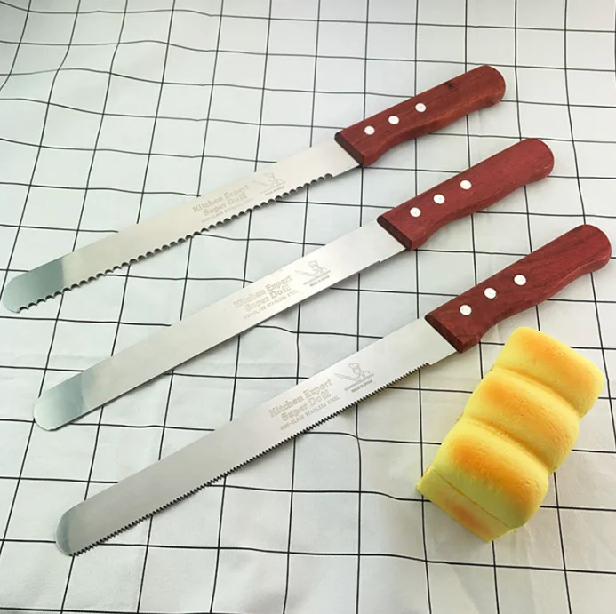 Stainless steel wooden handle 8 inch 10 inch 12 inch 14 inch cake serrated knife layer toast bread cutter