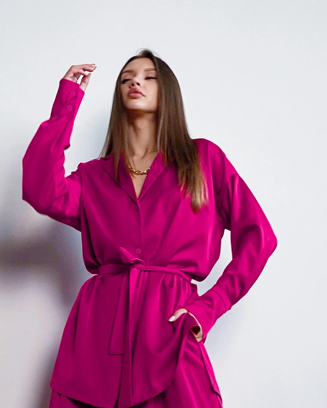 OOTN Lace-Up Long Sleeve Shirts High Waist Trouser Suit Fashion Notched Collar Vintage Satin Wide Leg Pants Set Woman 2 Pieces