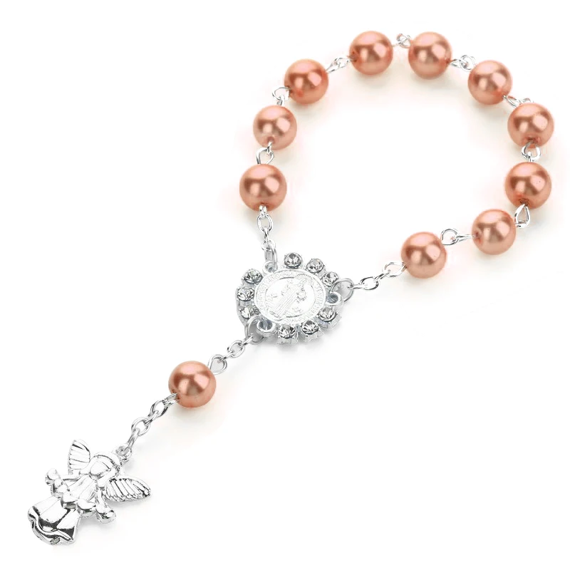 Religious colorful Jewelry Catholic Holy Communion Sublimation Rosary Bracelet Angel Pendants Baptism Gift