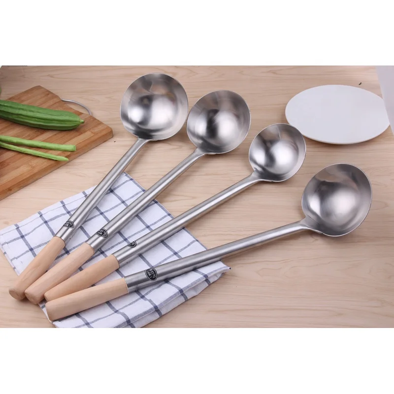 Stainless Steel Wok Ladle Spatula With Wooden Handle Kitchen Wooden Handle Ladle
