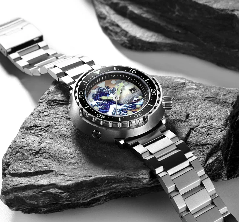 Personal made design Damascus steel watch diving watch case with ceramic insert luminous markers Helium escape diver watch