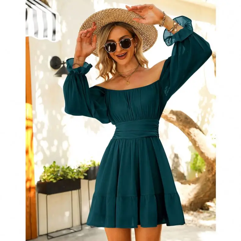 SHULIQI 2023 Summer Puff Sleeve Short Designer Chiffon Casual Corset Pleated Long Sleeve Women Dresses