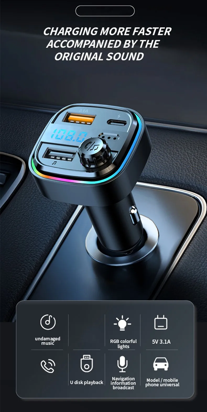 Car Waterproof Socket Dual Ports RGB Light 12V QC3.0 PD Type C Dual USB Fast Charger Cable Car Charger