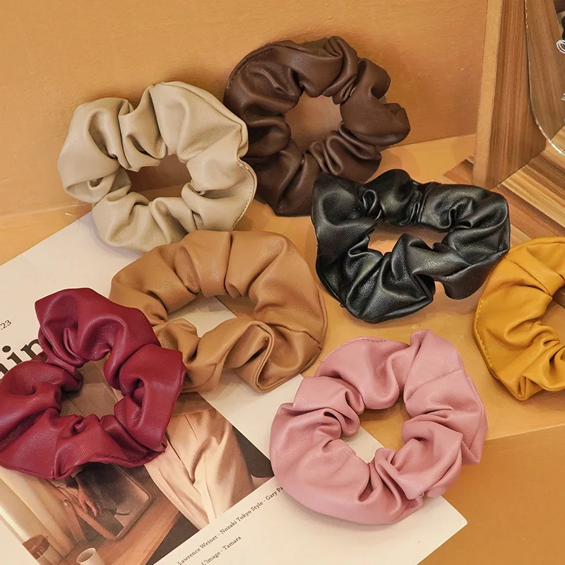 High quality pu leather hair rubber bands big scrunchies elastic hair tie for women