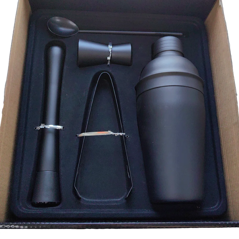 Gift Box Bar Tool Fancy Cocktail Set Stainless Steel Spray Painted Matte Black Cocktail Shaker Jigger Clip Spoon Ice Hammer Sets