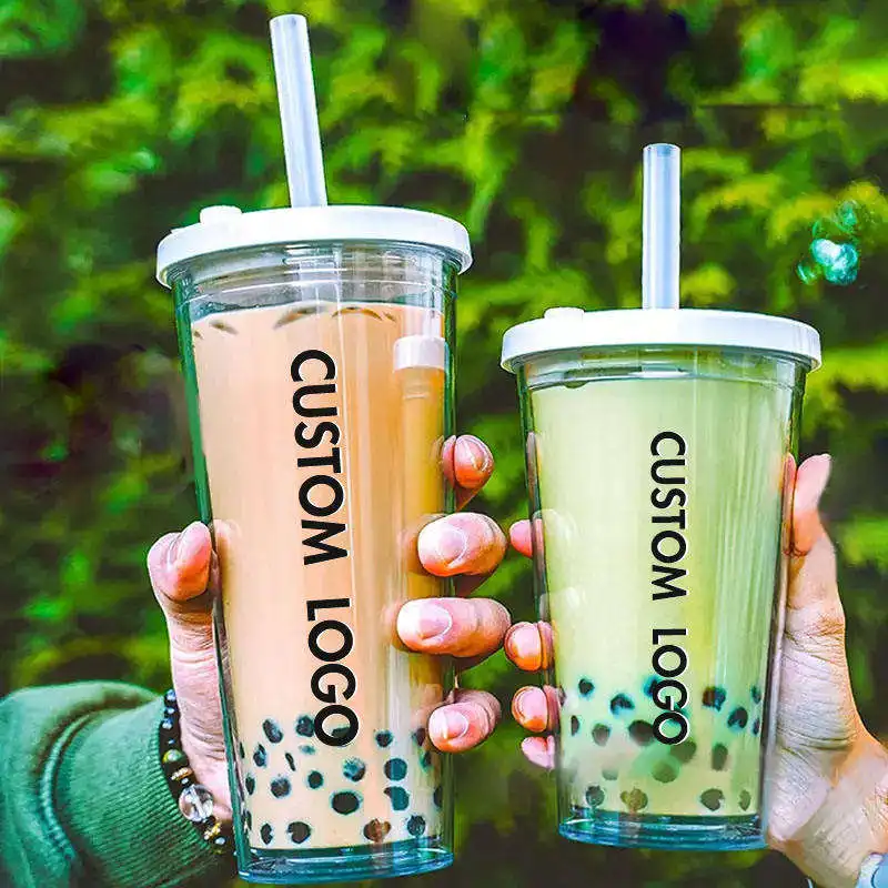 Bubble Tea Cup Colored Lids 16oz Clear Reusable Smoothies Iced Coffee Boba Plastic Tumbler With Straw And Lid
