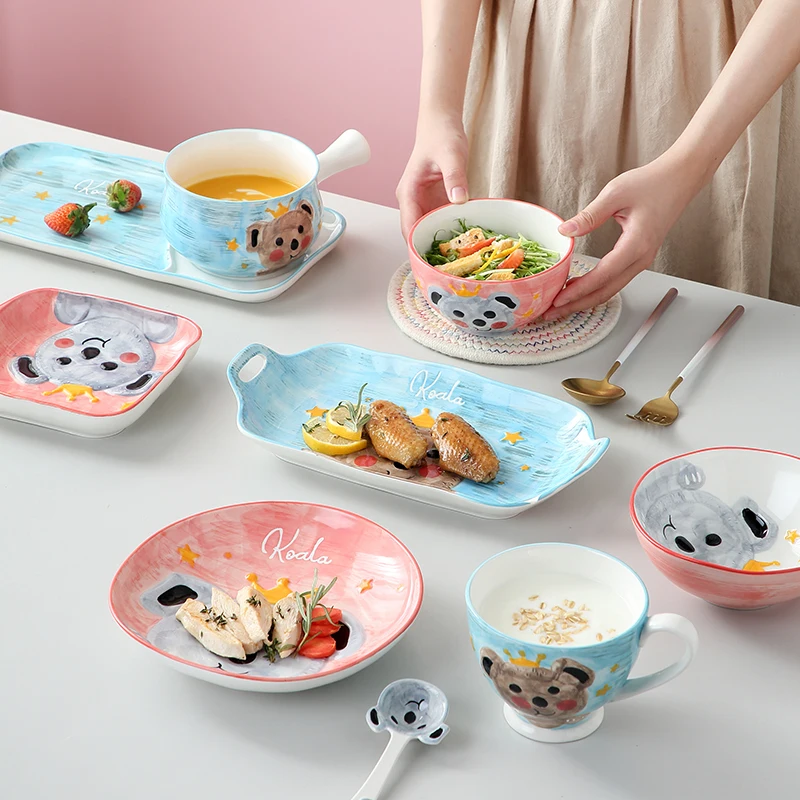 Koala custom made high quality ceramic plate and mini size soup bowl with handle for dessert home kitchen