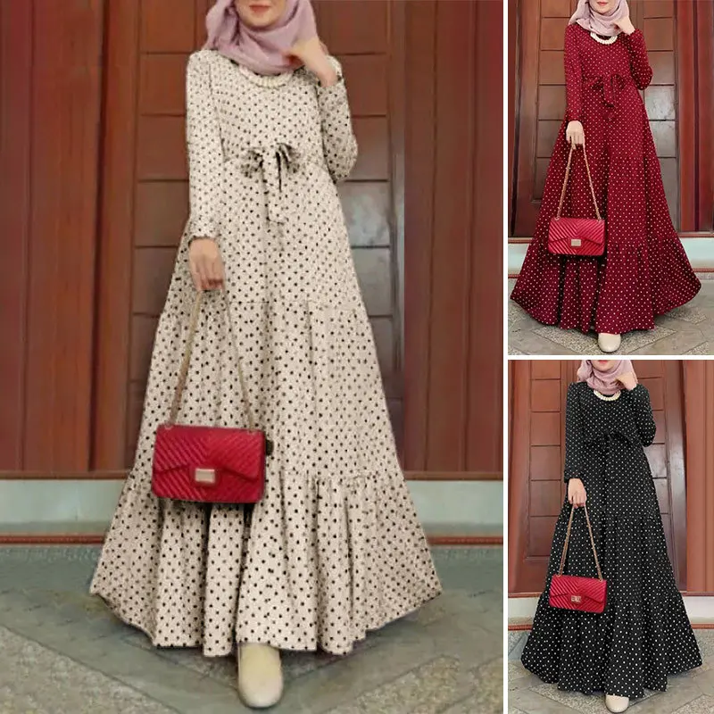 New Design Casual Wear Islamic Clothing Polka Dot Abaya dubai Ladies Party Women Turkey Dresses robe Muslim ethnic crew neck