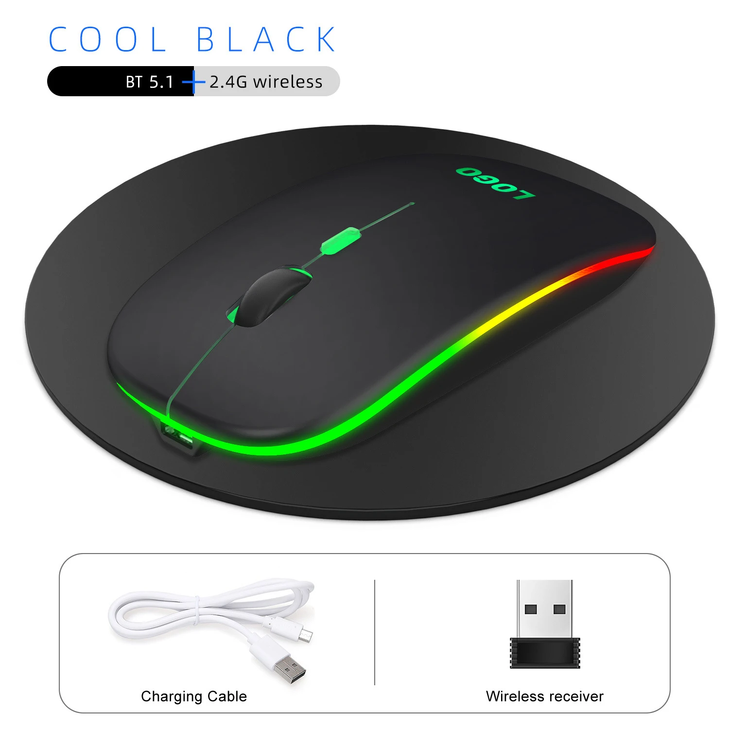 Computer Rechargeable 2.4Ghz Optical Wireless Mouse With Gaming Light Logo Custom