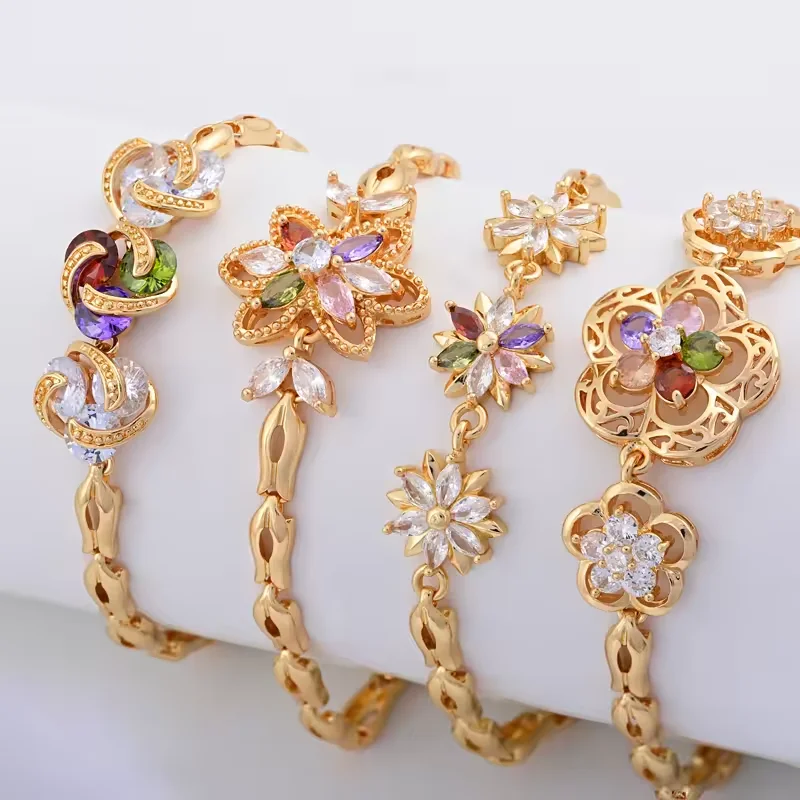 Fashion Jewelry Flower Copper Inlaid Colorful Chain Bracelet for Women and Girls Hypoallergenic Link Bracelets as Jewelry Gifts