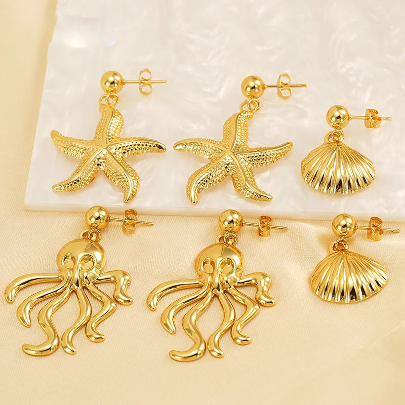 Beach style stainessl steel PVD gold starfish earrings Female exaggerated retro sea animal personality niche earrings earrings