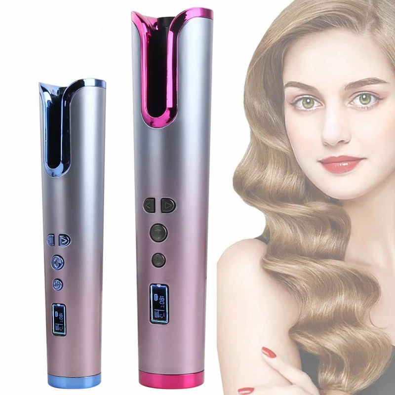 Power Bank Rechargeable Hair Curler Portable Wireless Lcd Display New Style Automatic For DIY Beauty Hair Curlers Pink
