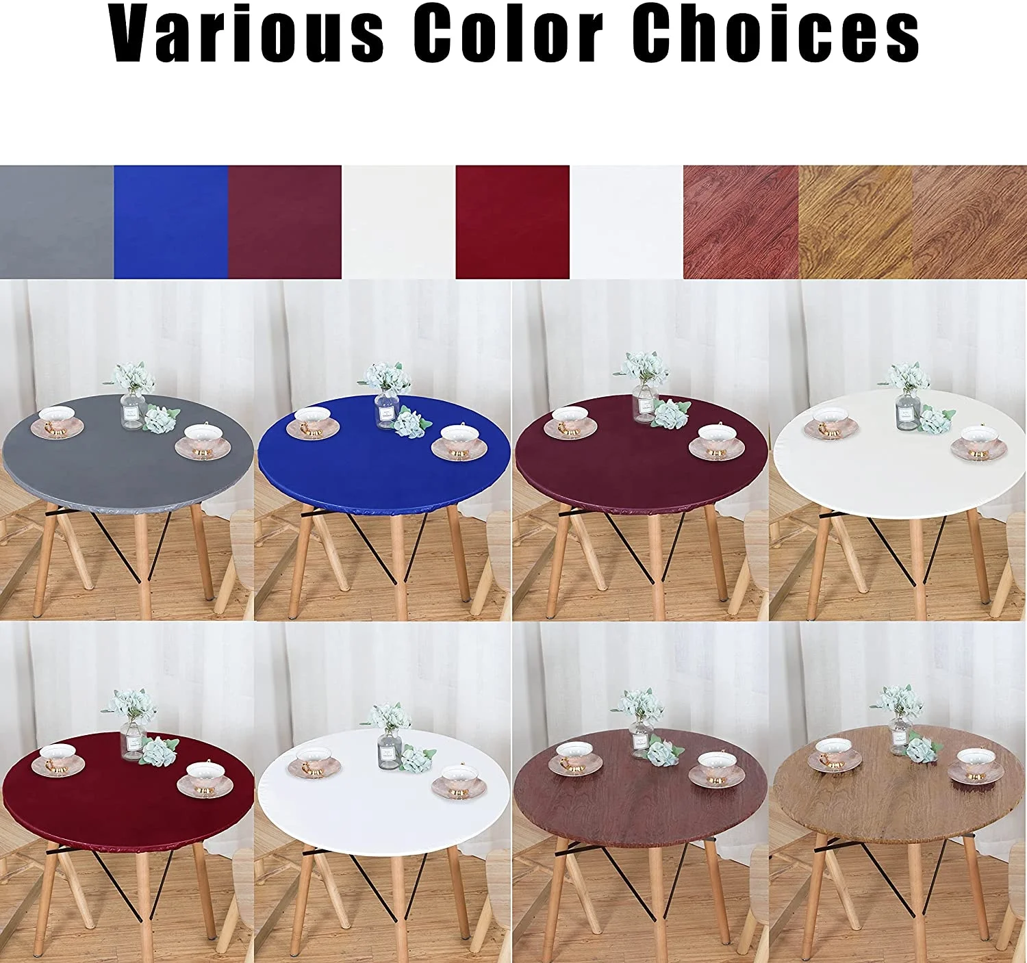 Round Vinyl Fitted Tablecloth with Flannel Backing Elastic Edge Design Table Cover Waterproof Oil-Proof PVC Table Cloth