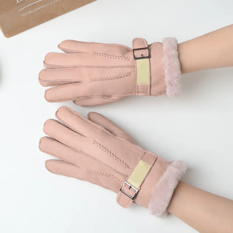 
fashion Five fingers Wool Genuine Leather Sheepskin Sheep Fur Mittens Elegant Warm Female Sheepskin Wool Cycling 