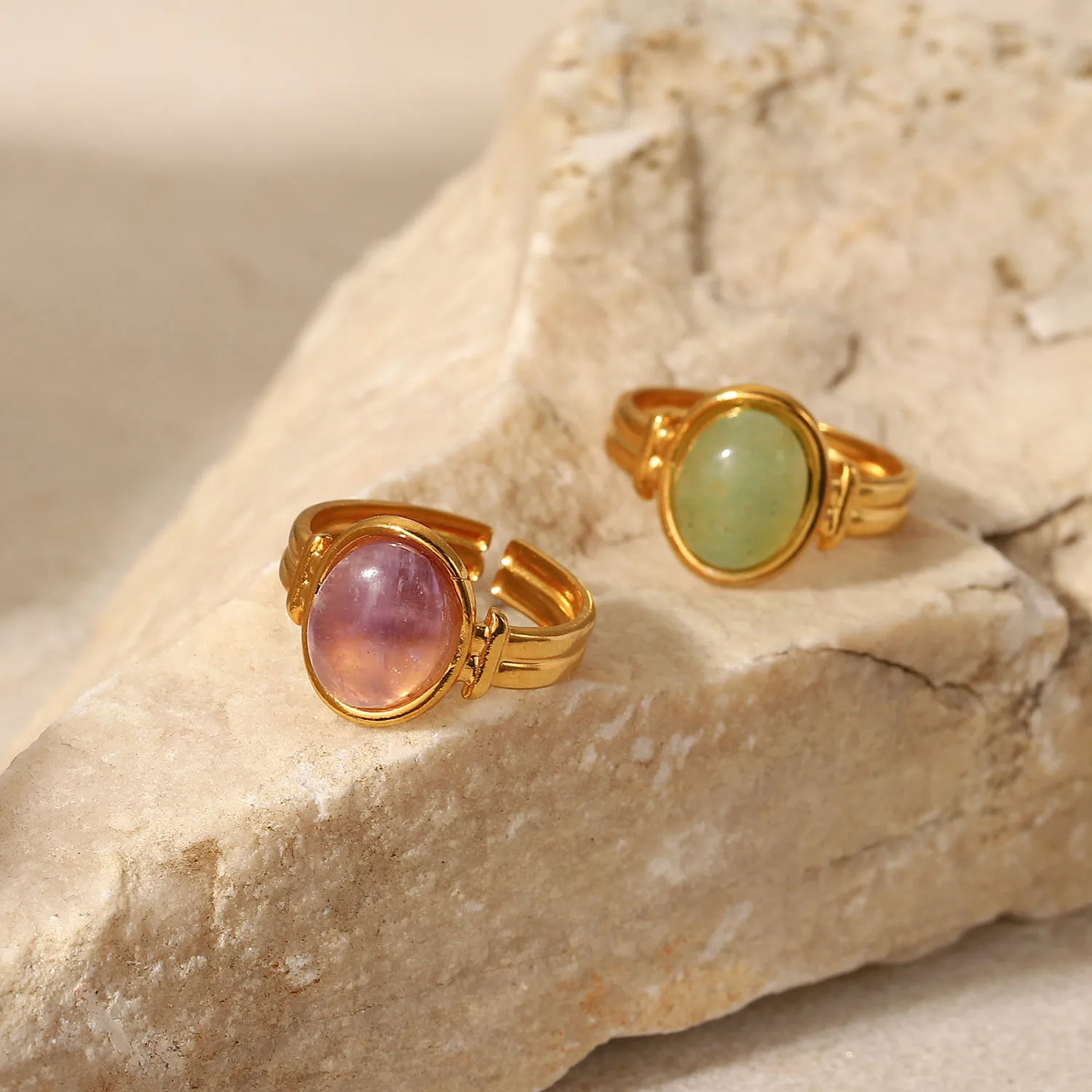 18K Gold Plated Stainless Steel Round Natural Green  Stone Adjustable Rings For Women