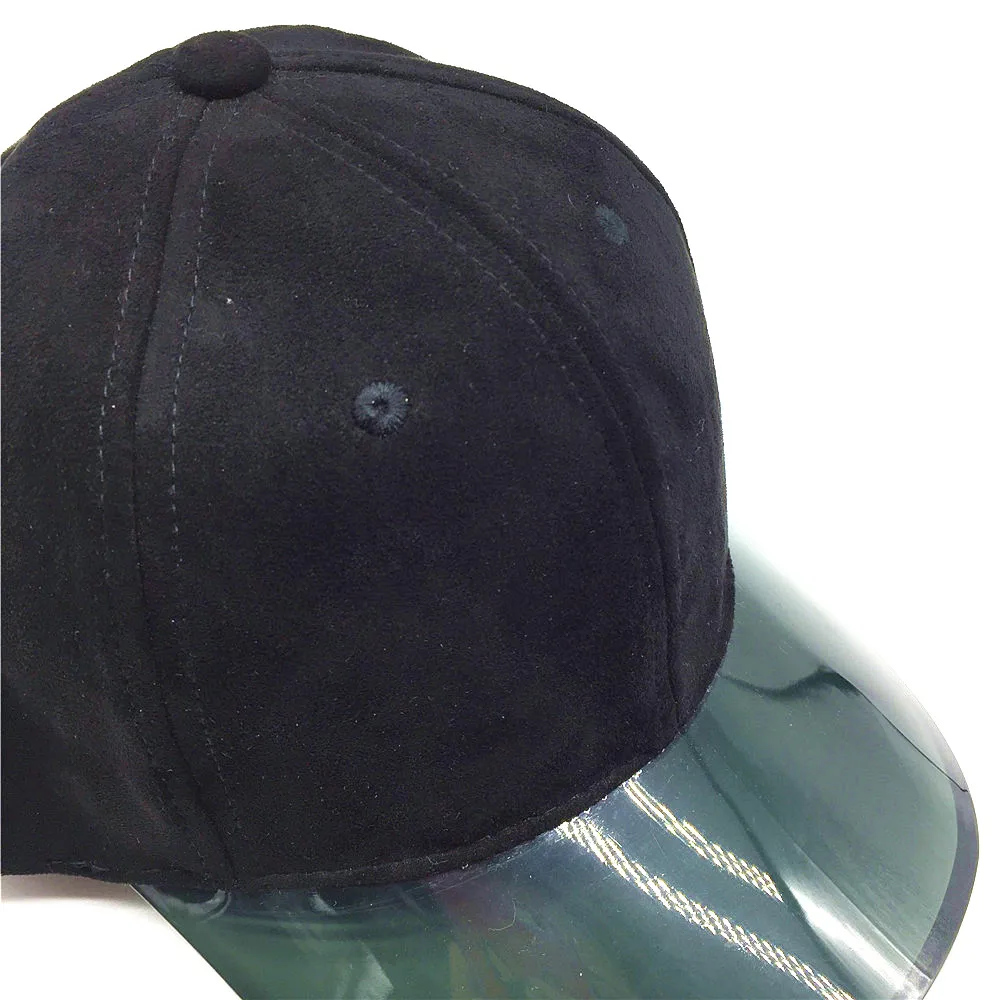 Faux Suede Baseball Cap for Women with PVC Transparent Brim Custom 6-Panels Black Trucker Cap PU Sport Summer Hat