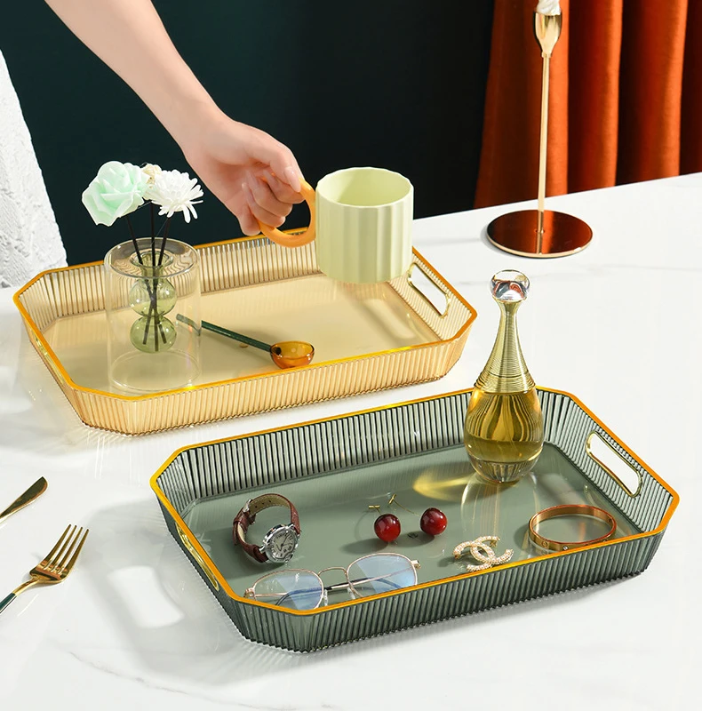 round Clear Plastic Transparent Acrylic Serving Tray Gold Handles Elegant Home Decor Restaurant Use Iron Pattern Dishes Plates