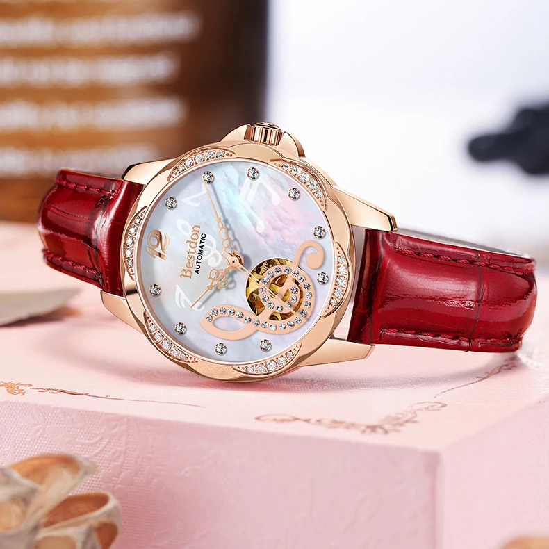 bestdon BD7183L Luxury Ladies MOP Dial Music Watch Women Genuine Leather Ceramic Band Automatic Watch