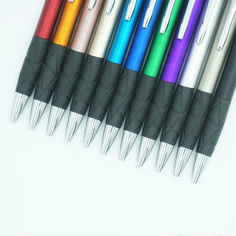 Promotional Metallic Colored Painted Barrel And Metal Clip With Black Rubber Grip Plastic Pens Luxury