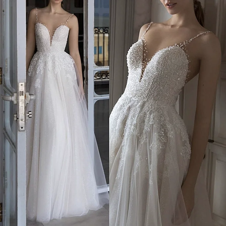 
Latest Sexy V Neck Spaghetti Strap Beading Tulle Casual Traditional Luxury Wedding Dress For Bride 