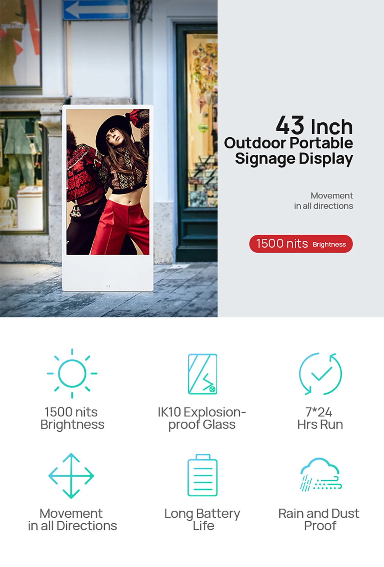 32 43 55 inch 1500nit high brightness outdoor portable movable battery LCD Display screen poster