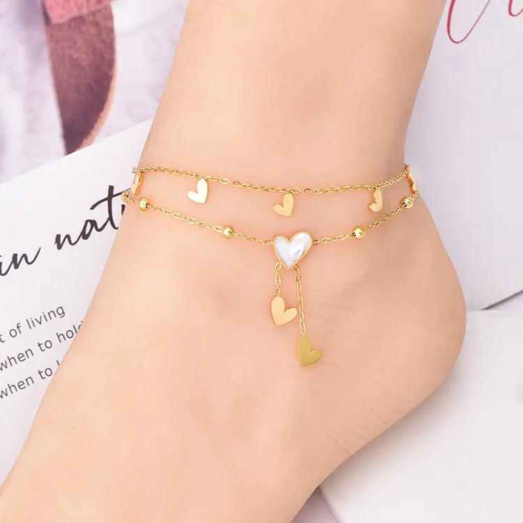 Korean Style Fringe Fritillaria Love Heart Anklet Double Layer Gold and Silver Anklet for Women 18K Gold