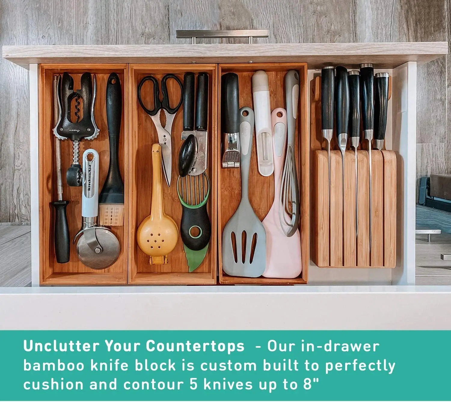 Bamboo Knife Block and In-Drawer Storage, Display Stand and Organizer, Holds to Five 8 Inch Knives