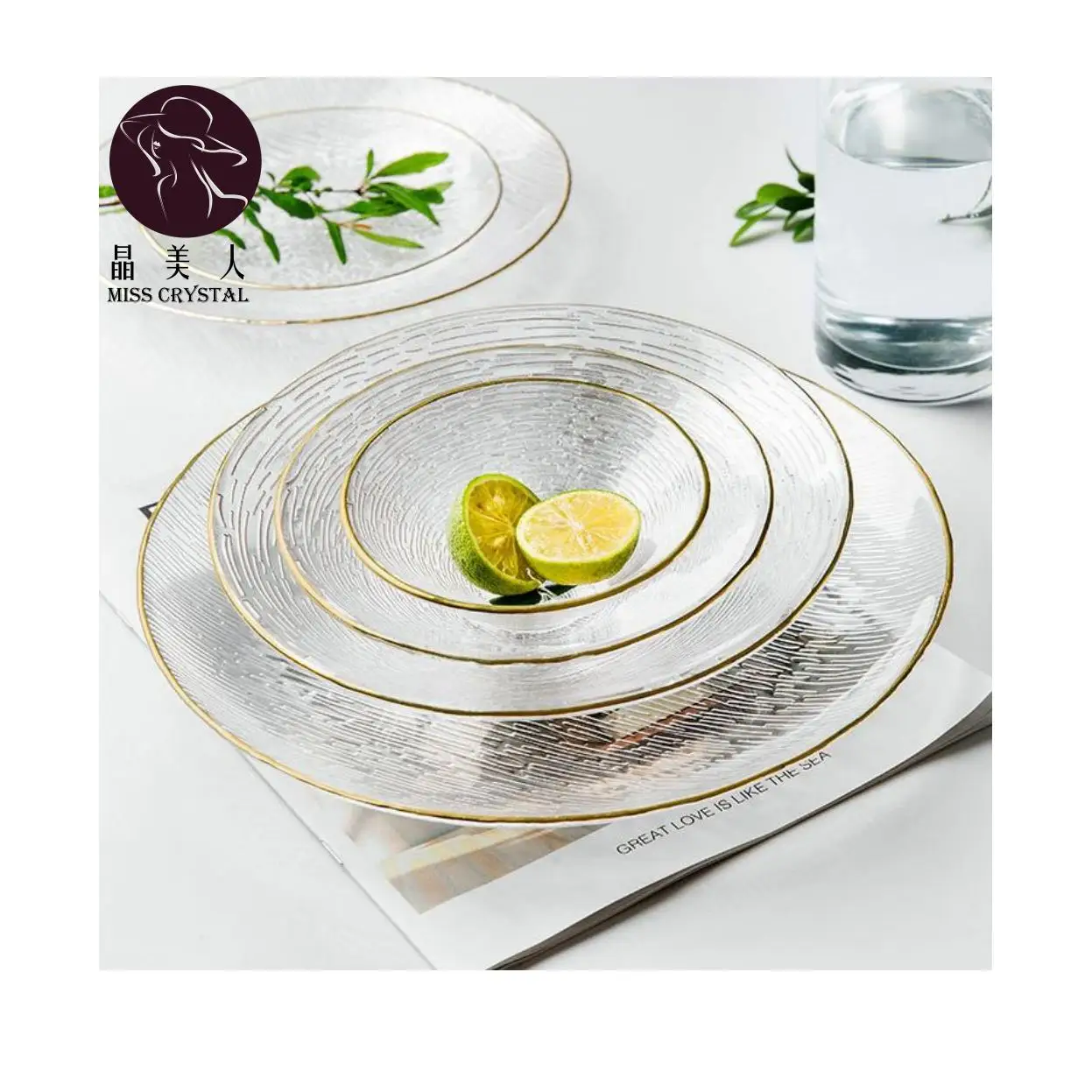 Premium Glass Dinnerware Sets Woven Glass Chargers with Gold Rim Quartz Glass Bowls and Plates for Upgrade Your Table Setting
