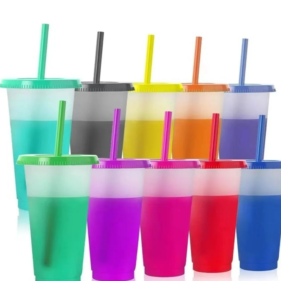 Custom logo  sensitive cold color changing cup Large capacity pp plastic cups with lids and straws