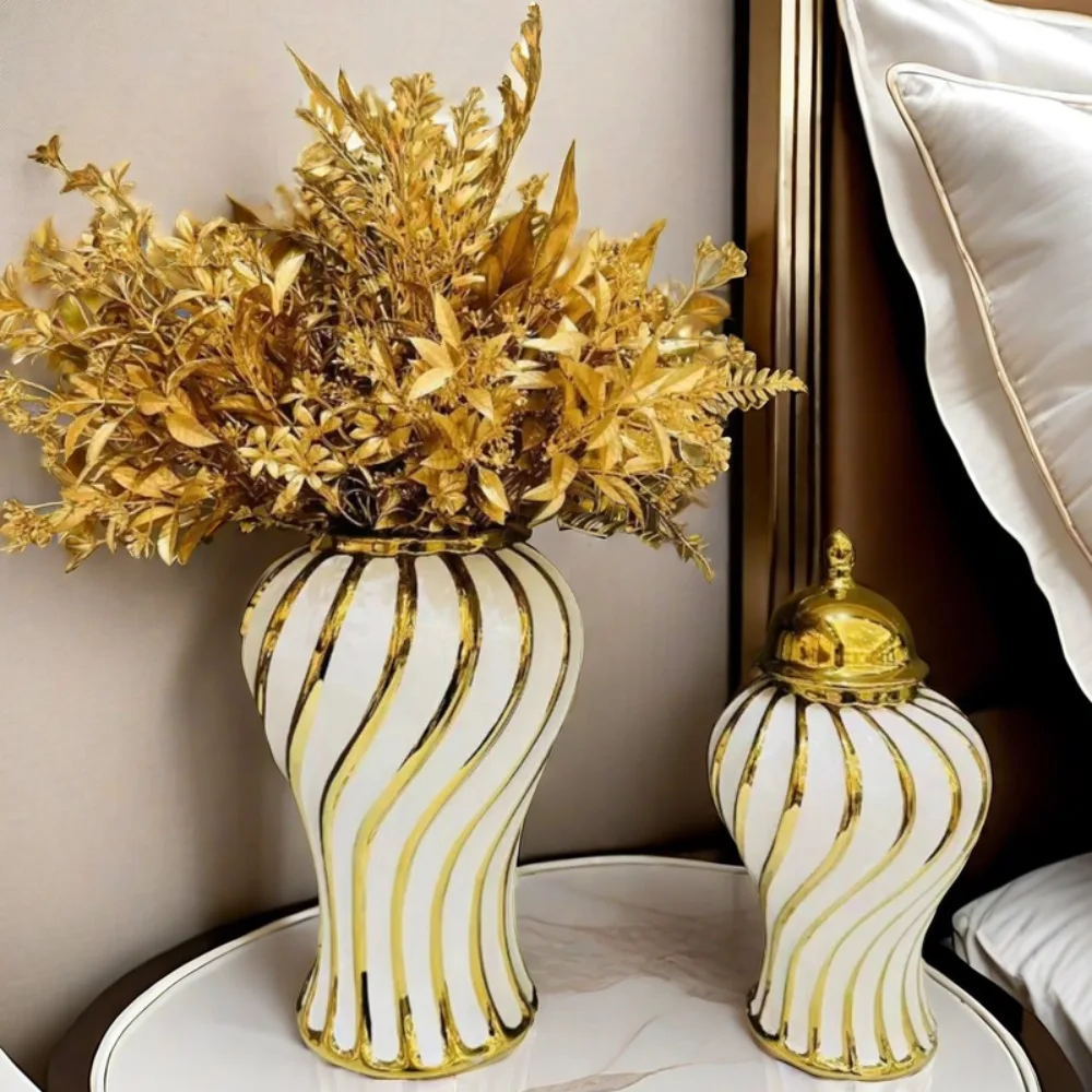 Nordic Luxury Big Flower Vase Home Decor Vertical Striped Gold Electroplated Porcelain Tall Ginger Jar Ornament for Lobby